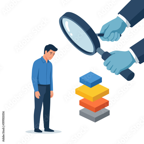 A thoughtful man stands under scrutiny, gazing at colorful stacked blocks, symbolizing evaluation, introspection, and the complexity of life’s challenges he navigates.