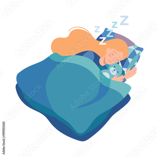 A serene woman sleeps soundly under a blanket, hugging a teddy bear, capturing the essence of comfort, tranquility, and the innocence of restful sleep.