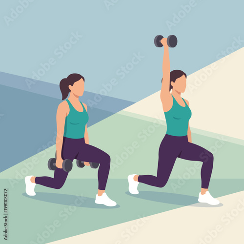 This illustration depicts a woman performing strength training exercises, showcasing a lunging motion with dumbbells, promoting fitness and health-focused lifestyles.