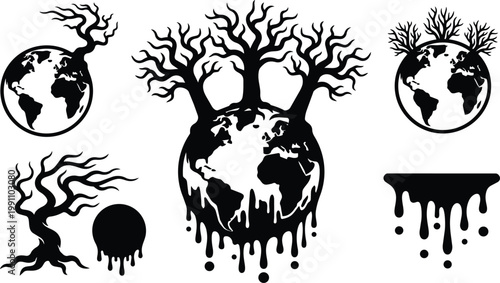 Black and white melting earth with leafless trees and dripping globe vector art