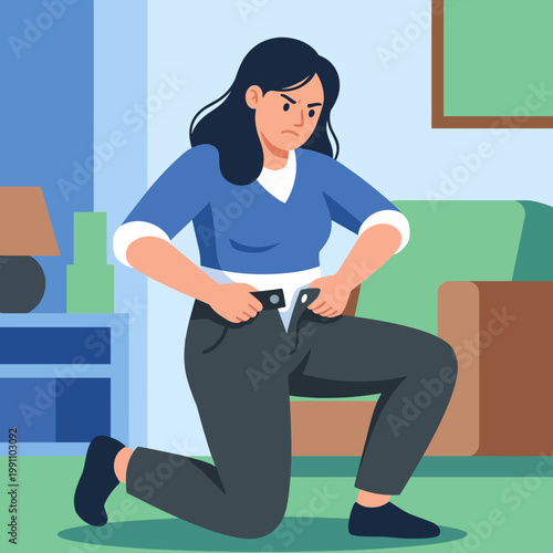 Illustration showing a woman kneeling and struggling with tight pants, revealing the discomfort of tight fitting clothes and the importance of body positivity and comfort in fashion.