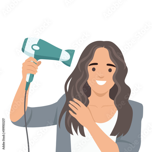 A cheerful woman styles her curly hair with a hairdryer, emphasizing self-care routines, personal grooming, and the importance of hair health in today's lifestyle and beauty culture.