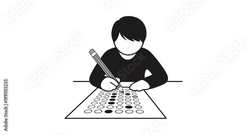 A focused individual uses a sharp pencil to fill in circular bubbles on a standardized examination sheet during a formal testing session in a classroom.