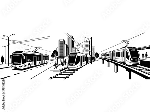 electric public transit electric city bus, electric tram, electric metro vector