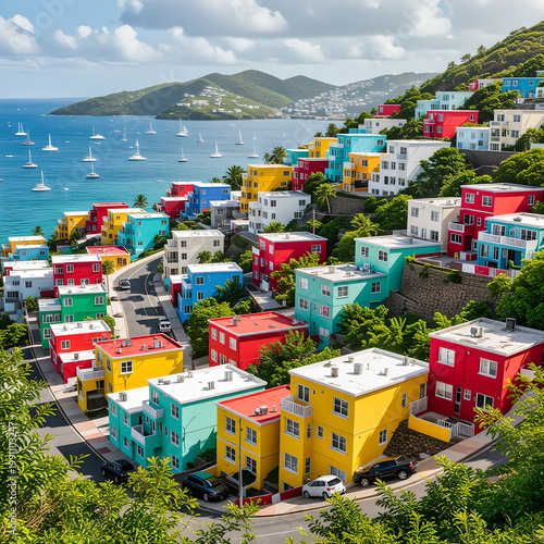 Colorful Hillside Homes Overlooking Sailboat‑Filled Bay in St. Thomas, U.S. Virgin Islands