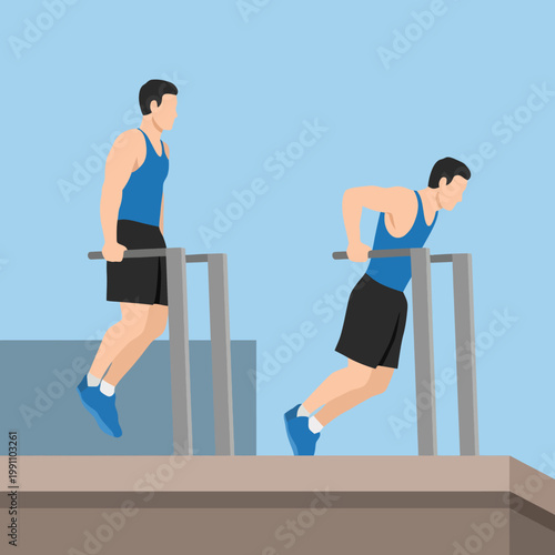 A man engages in strength training by performing dips on parallel bars, showcasing his commitment to fitness and athleticism while enjoying an outdoor workout environment.