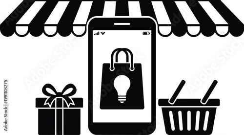 Mobile shopping scene with lightbulb shopping bag gift box and striped store awning in black and white