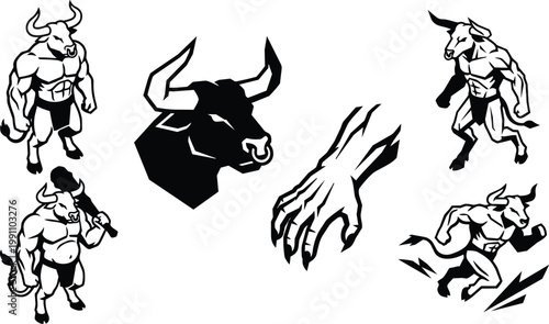 Black and white minotaur mascot set with bull head nose ring and claw hand
