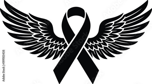 Black ribbon with angel wings silhouette symmetrical spread central loop memorial emblem