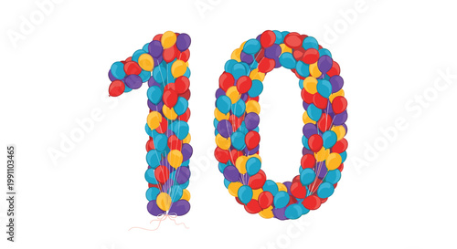 A large number ten is creatively formed using a vibrant collection of multicolored party balloons tied together with thin strings on a white background.