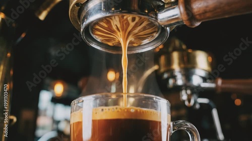 Espresso pouring from a bottomless portafilter into a glass cup with rich crema in a cafe setting