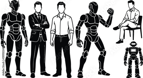 Black and white vector art robots and men silhouettes standing and sitting