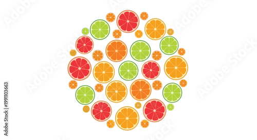 Vibrant slices of orange lime and grapefruit are meticulously organized into a large circular mosaic pattern against a pristine and bright white backdrop.