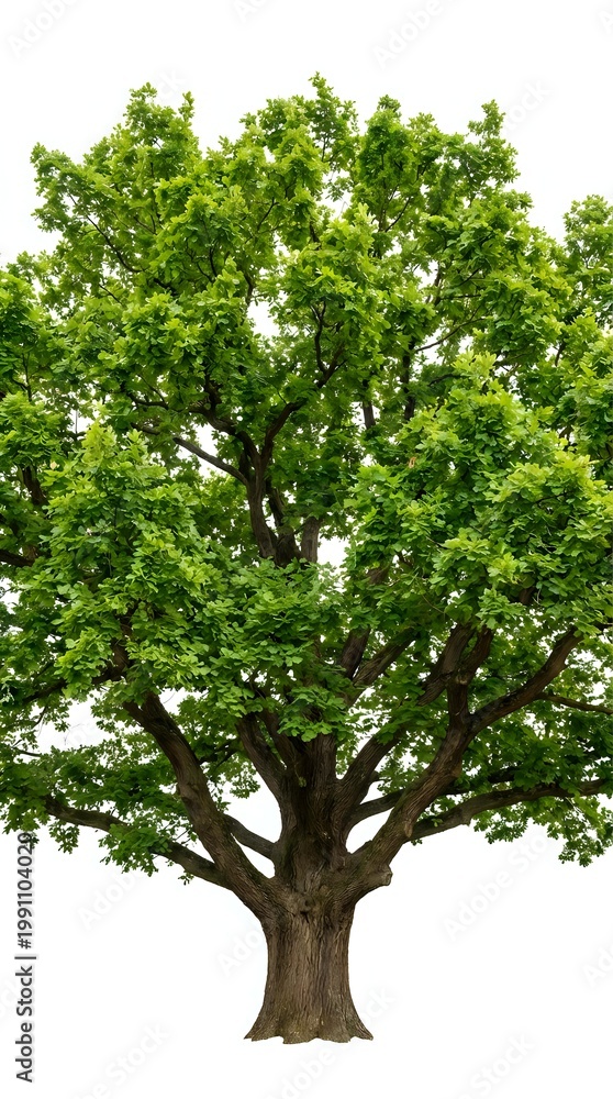 Obraz premium Large green deciduous tree with lush foliage isolated on white background for landscaping and environmental design projects.