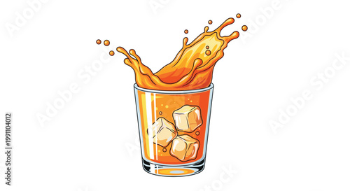An energetic and vibrant splash of bright orange citrus juice erupts from a clear glass filled with several square ice cubes against a white backdrop.