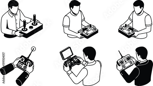 Black and white line art remote controller operators holding radio transmitters