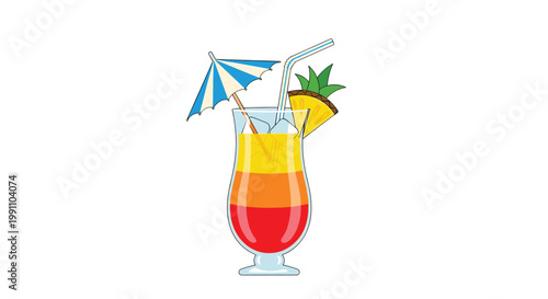 A vibrant layered tropical cocktail in a hurricane glass features a blue striped umbrella and a fresh pineapple wedge against a clean white background.
