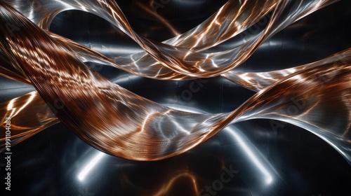 Curved fiber trails with copper and silver light streaks creating flowing abstract patterns in dark industrial environment
