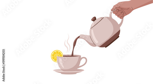 A graceful hand pours steaming dark tea from a ceramic teapot into a delicate cup accented by a bright yellow lemon slice on a simple white background.