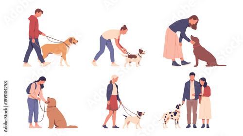 People walking and interacting with dogs in various poses and settings dog walking people with dogs pet owners