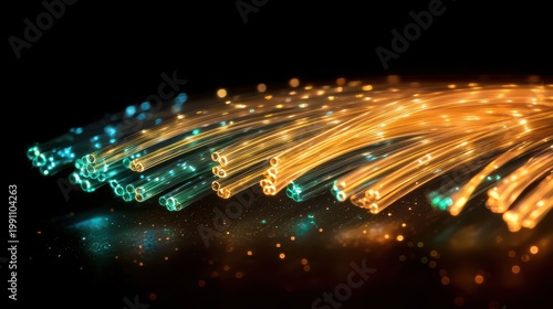 Glowing fiber macro blue cyan luminescent optical fibers weaving through crystalline polymer medium creating organic flowing patterns overhead perspective