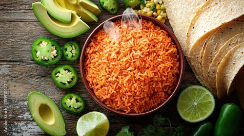 Premium Mexican rice in ceramic bowl with vibrant orange-red grains accompanied by fresh avocado slices, lime halves, jalapeño rings and flour tortillas on rustic wooden surface