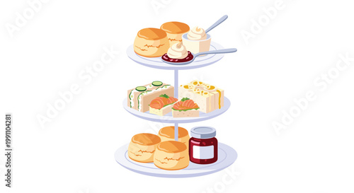 An elegant three-tiered serving tray presents a classic afternoon tea selection including scones and savory finger sandwiches at a formal catering event.