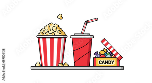 A classic movie theater snack set features a tall red and white striped popcorn bucket beside a large soda and candy box on a simple grey shelf surface.