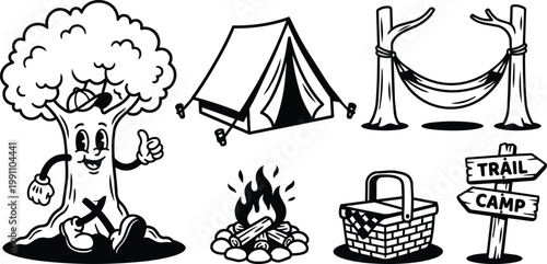 Cartoon walking tree character with tent hammock campfire picnic basket and trail sign