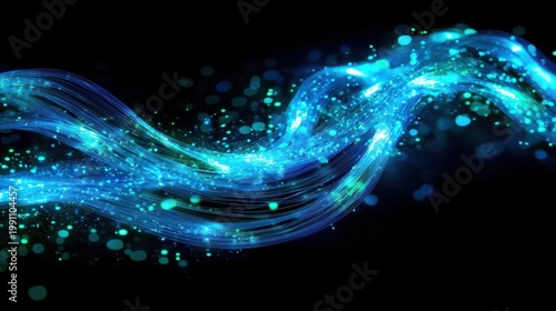 Fiber optic curves luminous strands flowing wave pattern blue green light trails against black background technology abstract digital communication