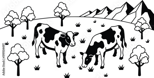 Black and white dairy cows grazing in mountain meadow vector art