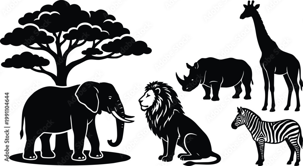 Fototapeta premium Black and white savanna silhouettes elephant lion rhinoceros giraffe zebra with acacia tree
