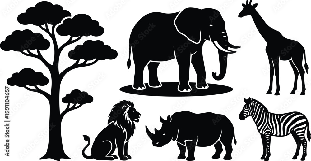 Fototapeta premium Black and white vector silhouettes of acacia tree elephant giraffe lion rhino and zebra