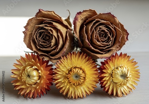 A beautiful arrangement of dried roses and sunflowers on a table