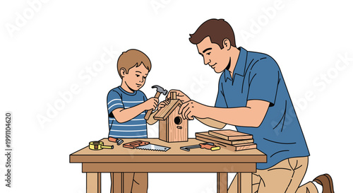 A dedicated father and his young son meticulously assemble a wooden birdhouse using a hammer and various hand tools on a sturdy workbench in a bright workshop.