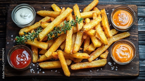 Duck fat fries golden crispy restaurant style wooden board four gourmet dipping sauces thyme garnish coarse salt premium presentation