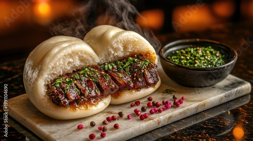 Gourmet bao bun with glazed pork belly filling garnished with fresh herbs on marble board with green sauce and pink peppercorns in upscale restaurant setting