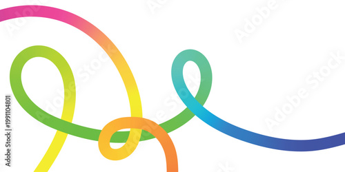Abstract rainbow gradient ribbon creates flowing curves and interconnected shapes on white background