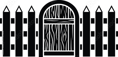 Black and white arched wooden gate with visible wood grain and pointed picket fence