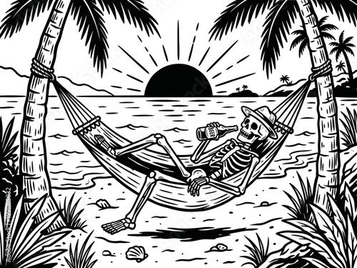 Skeleton lying in a hammock with a bottle of beer in his hands against the palm trees the sea and sunset vector