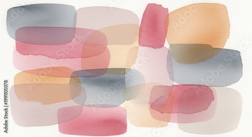 Abstract watercolor composition with overlapping soft geometric shapes in pastel tones, creating a modern, calm, and artistic background