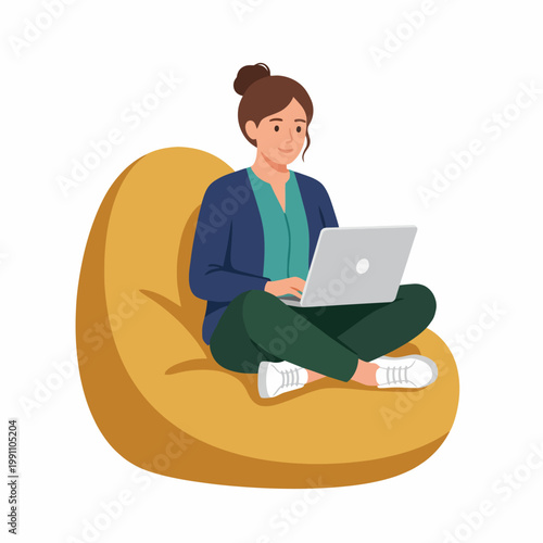 This illustration depicts a young woman comfortably working on her laptop while sitting on a cozy bean bag chair, highlighting remote work and modern flexibility.