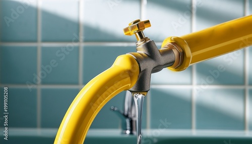 a yellow faucet is dripping water into a sink