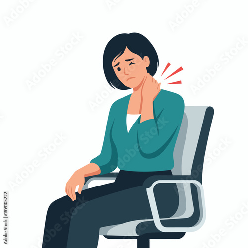 Bild auf Leinwand This illustration conveys a woman experiencing neck pain while seated at an office chair, emphasizing the importance of ergonomics, health awareness, and self-care in daily work life