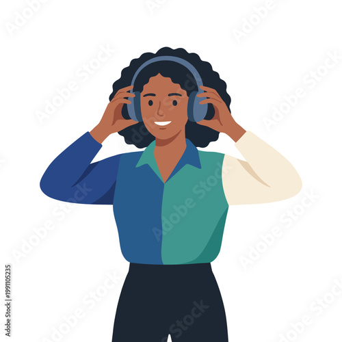 A cheerful woman with curly hair puts on headphones, embodying the joy and escapism of music, set against a vibrant backdrop that highlights the modern artistic style.