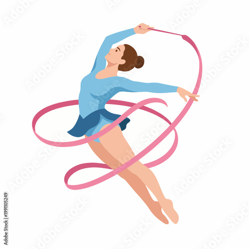 A graceful rhythmic gymnast performing with a ribbon, showcasing the beauty and elegance of the sport in a joyful and dynamic manner, captured mid-action.