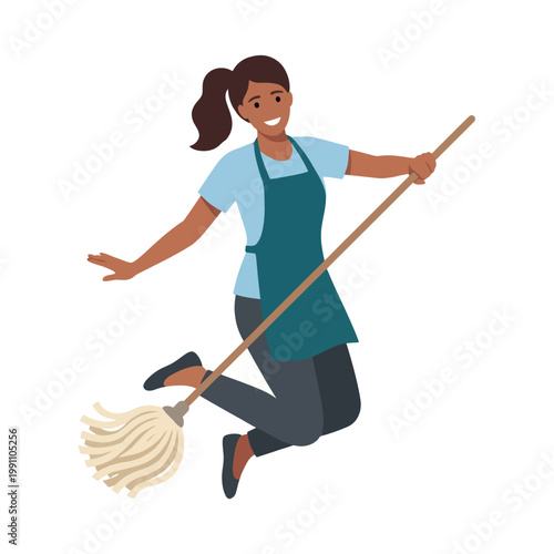 A cheerful woman jumps with excitement while holding a mop, symbolizing positivity in daily chores and the satisfaction of cleanliness and order in home environments.