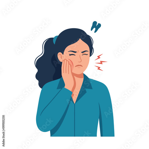 A concerned young woman exhibits discomfort from a toothache, reflecting the physical pain associated with dental issues and the need for dental care.