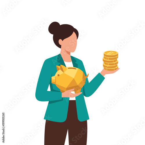 A professional woman holding a golden piggy bank in one hand and a stack of coins in the other, symbolizing savings and financial planning for a secure future.