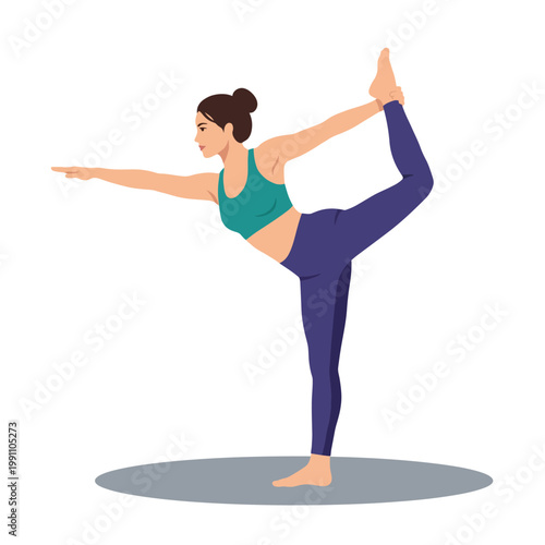 A woman confidently balances in a challenging yoga posture, showcasing strength and concentration while connecting mind and body through practice.